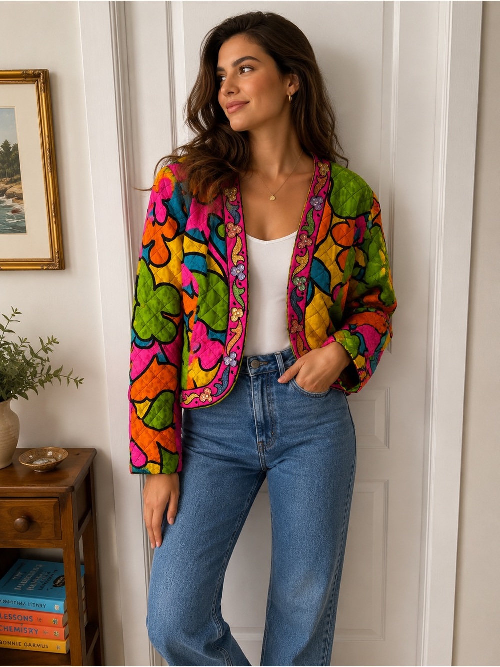 Vintage David Molho Paris Quilted Silk Jacket Blazer Beaded Embellished France